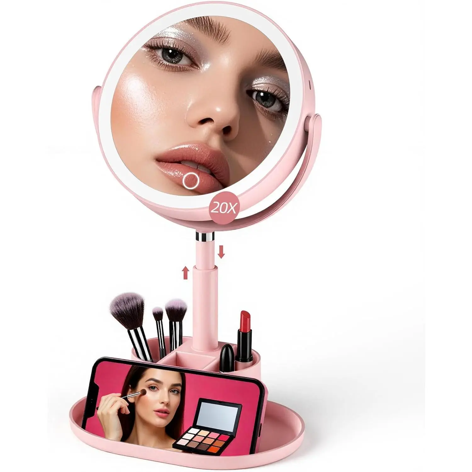 Makeup Mirror with Lights, 1X/20X Lighted Magnifying Mirror with Storage for Makeup & , 2-Sided Height Adjustable  Mirror with 3 Color Lights, 360? Rotation & Rechargeable,