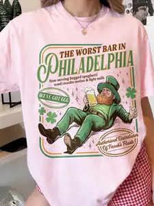 Saint Patrick's Day Unisex Retro Vintage Graphic Tee Featuring Green Leprechaun and Quirky Bar Menu, Soft Novelty Top for St. Patrick‘s Day, Casual Outings, and Gift Giving