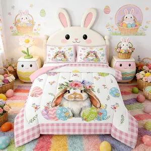 Happy Easter Comforter Set,Cute Rabbit Animals Bedding Set for Kids Girls Women Boys Room Decor Colorful Flowers Egg Quilt Set,Pink Geometric Grid Duvet Insert