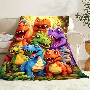A Cozy Cartoon Cute Little Dinosaur Printed Flannel Blanket - Suitable for All Seasons, Digital Printed Sofa Cover for Office And Bedroom - Soft, Warm, Travel-Friendly Decorative Blanket-280GSM