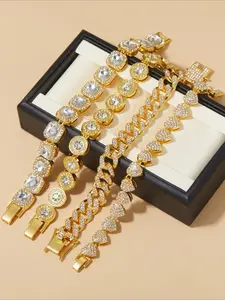 Four-Piece Street Style Bracelet Set, Round Square Heart Hip Hop Cuban Chain, Fashion Shiny Rhinestone, Unisex Jewelry Gift, Cuban Chain Bracelets, Stack Bracelets