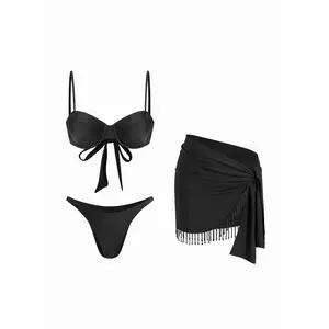 Cider Sweetheart Underwire  3 Piece Bikini Set With Fringe Sarong