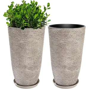 Set of 2  9 Gallon Round Planters for Front Door & Patio - 12x21 Inch Tall Outdoor/Indoor  Pots with Drainage Tray, Gray Faux Stone Textured Tree Planters for Porch Decor