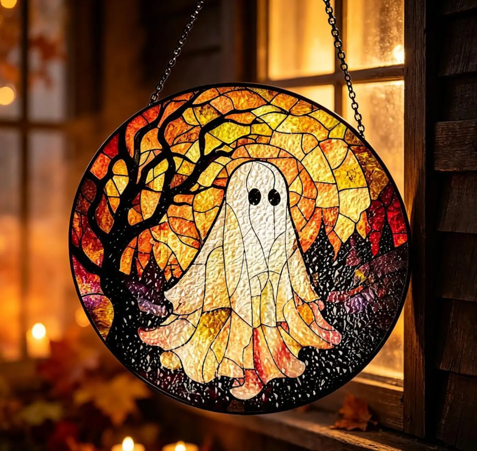 Halloween Sun Catcher, Personalized Spooky Window Hanging Decor, Witch Pumpkin Ghost Suncatcher, Fall Halloween Gift