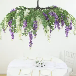 Cream Purple Artificial Silk Wisteria Vine Round Hanging Canopy, Draping Garland Flower Chandelier With Interchangeable Branches 55"