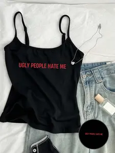 Y2K 'Ugly People Hate Me' Slogan Graphic Cami Top, Black Slim Fit Spaghetti Strap Tank, 2000s Aesthetic Streetwear for Women, Womenswear, Retro Edgy Camisole, Summer Streetwear, Festival Outfit, Coachella Inspired, Bold Statement Y2K Clothing