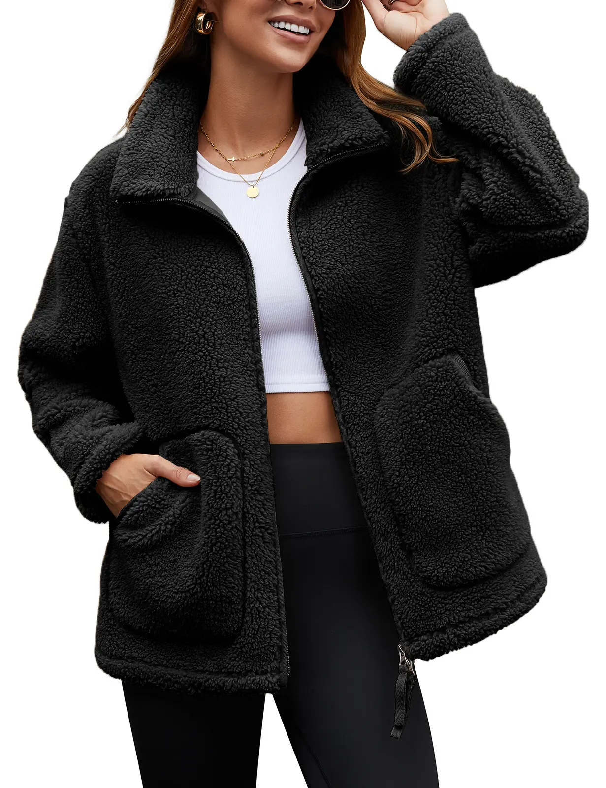 FASHORA Women Icelandic Fleece Double Zipper Jacket, Long Sleeve Stand Collar Oversized Coat, Warm Casual Winter Outerwear with Pockets