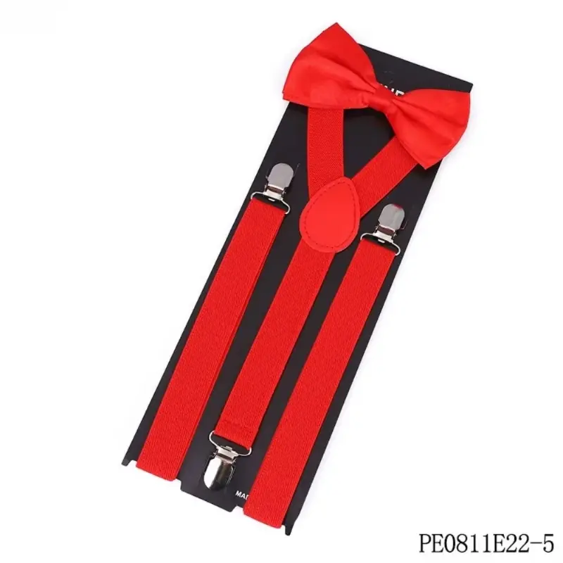 Red Y-Back Suspender & Bow Tie Set, Adjustable Braces for Weddings & Parties, Bow Tie Design