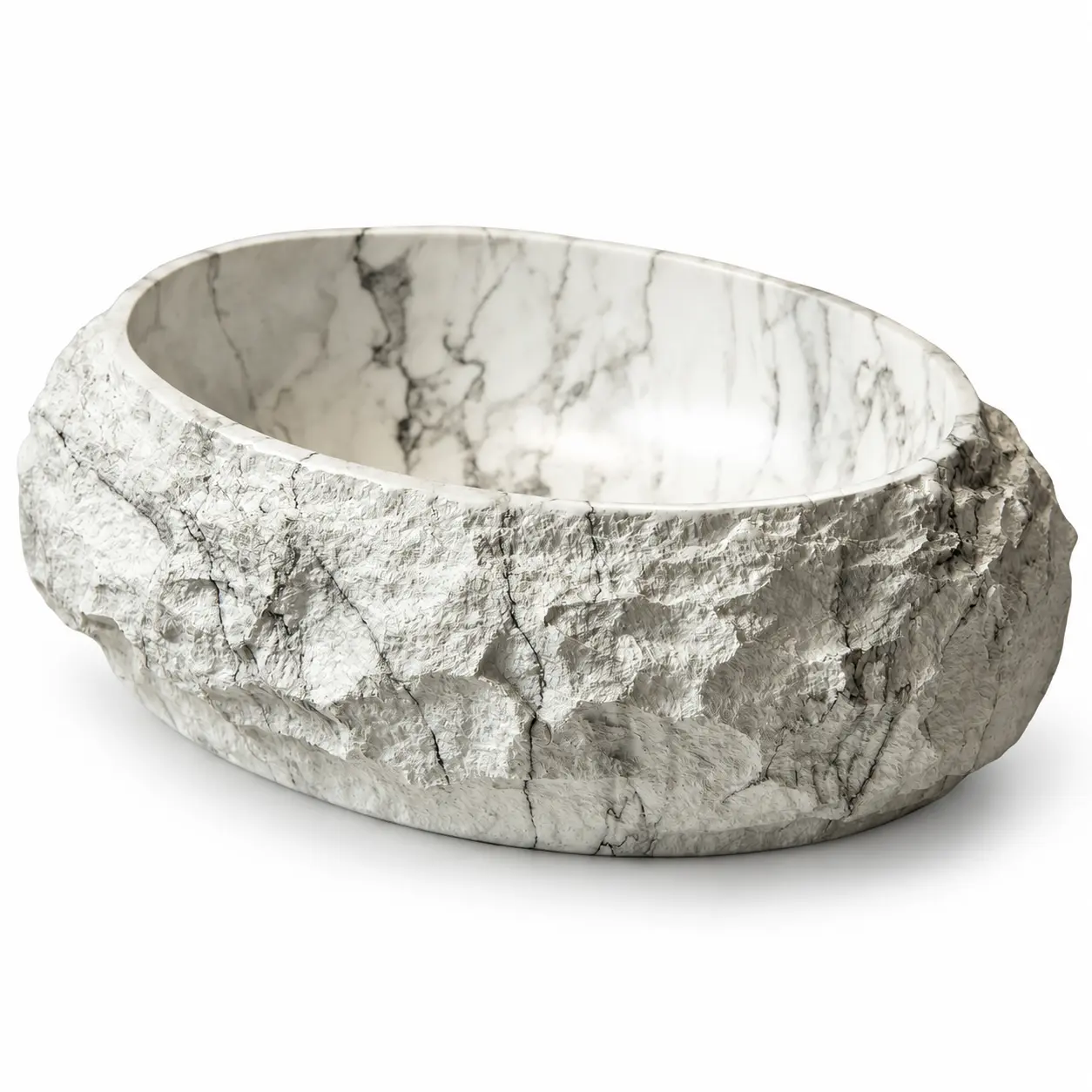 Natural Marble Vessel Sink, 17.72" Oval Bathroom Countertop Basin, Hand-Chiseled Stone Exterior with Polished Interior, Luxury Above Counter Wash Basin for Modern Vanity, White Marble