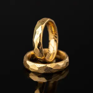 Golden Damascus - Hammered Gold Damascus Steel Ring, 4mm Width