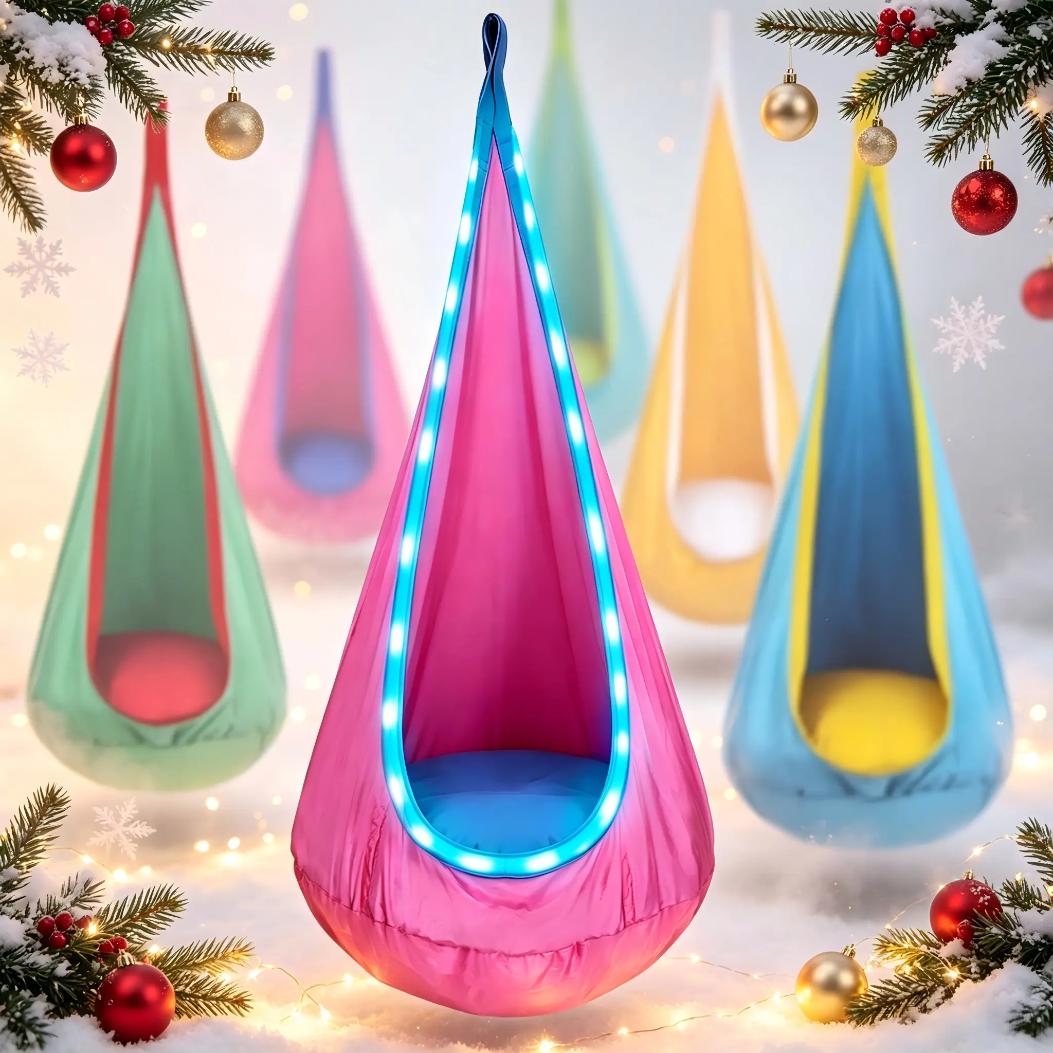 Hanging Swing Sensory Hammock with LED Light, 1 Count Colorful Swing Chair with Inflatable Cushion, Outdoor Camping Hanging Chair for Indoor & Outdoor, Outdoor Swing, Hammock Hanging Lighted Kids - Holiday Themes