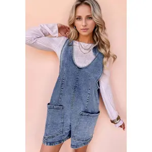 U Neck Patched Pocket Denim Overalls