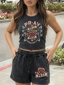 Women's Fashion Solid Color Fitted Two-Piece Set, Washable Vest and Shorts Knit Set, Street Vintage Style, Perfect for Travel Vacation Holidays