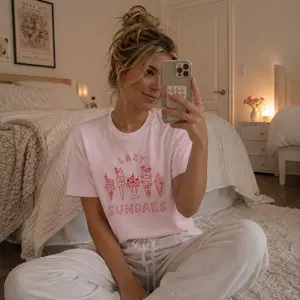 Women's Pastel Pink Lazy Sundaes Printed Crew Neck T-Shirt, Gilden 100% Cotton Breathable Loose-Fitting/Fitted, Womenswear Top with Letters Vibe for Summer Tee Tshirt Crewneck Shortsleeve
