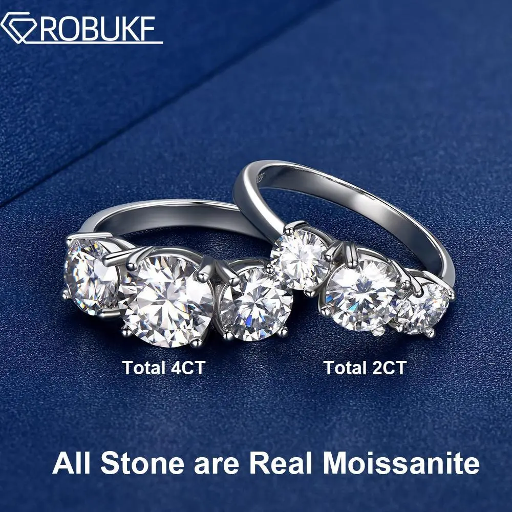 2 Carat Moissanite Engagement Ring For Women 3 Stones Lab Diamond  Sterling Silver 18K White Gold Plated Wedding Jewelry Gift
