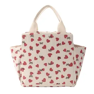 【Local Shipping】Insulated Corduroy Lunch Bag | Thermal Leakproof Food Carrier | Heart-Shaped Zipper Design | Spacious for Meals & Snacks | Work, School & Picnic Essential