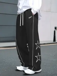 Men's Star Letter Print Wide Leg Pants, Drawstring Loose Straight Fit, Casual Sporty Trousers, Comfortable Drop Waist Design, Activewear Bottoms