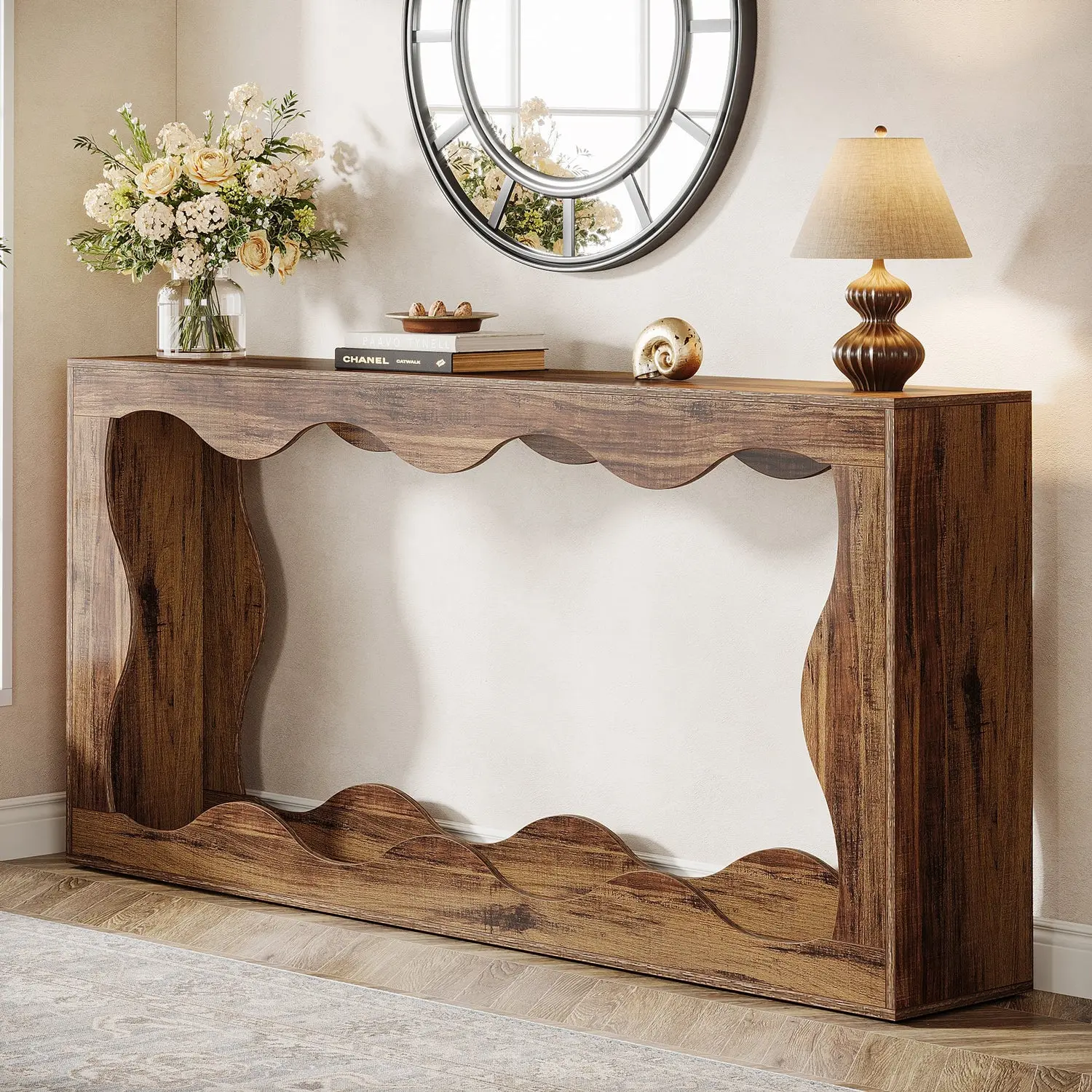 Spaco Farmhouse Console Table - 63 in Scalloped Wavy Narrow Wood Sofa Table with Storage, Ideal for Entryway, Living Room (Behind Couch), Entryway Table