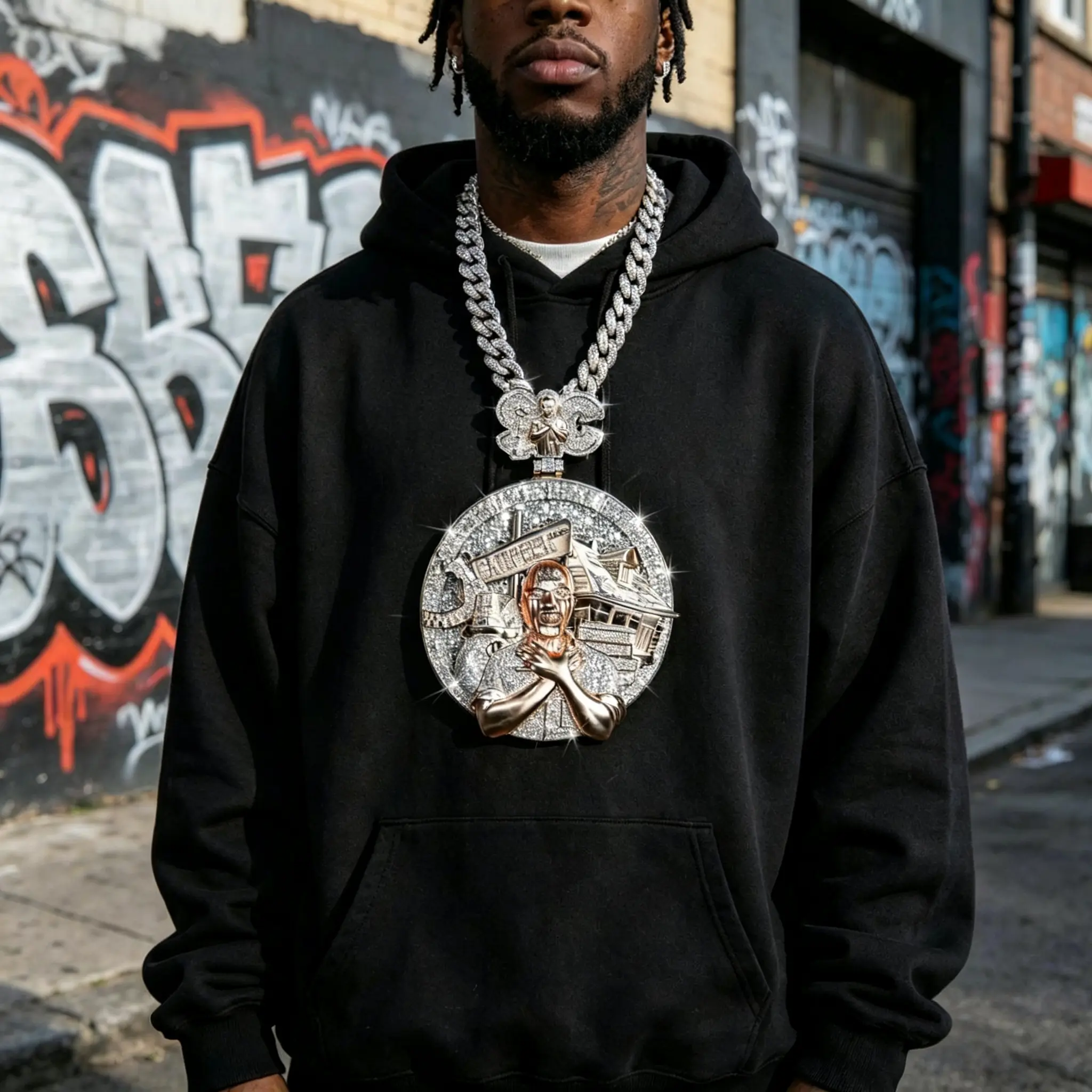 Iced-Out Jesus Praying Medallion Pendant Necklace – Micro-Pave Silver Moissanite Double Sparkle, Hip-Hop Bling Chain  pendant