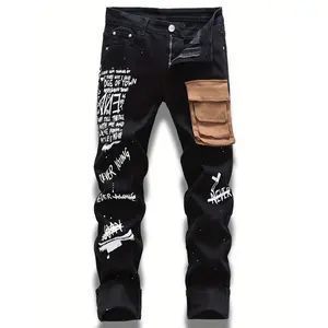 Men’s Black Straight-Leg Jeans with Large Pockets, Y2K Print, European & American Fashion Trend