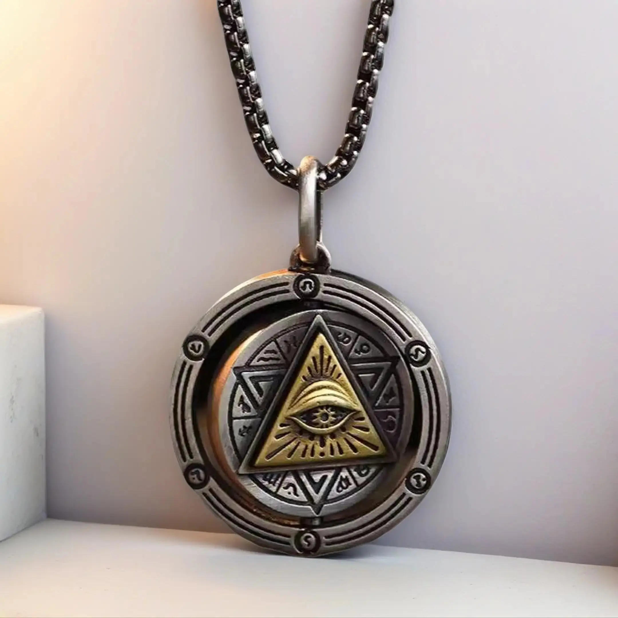 Unisex Pendant Necklace, Vintage Rotatable All-Seeing Eye & Pentagram Design, Stainless Steel Witchy Streetwear Statement Jewelry, Witchy Jewelry, Silver Witchy Jewelry
