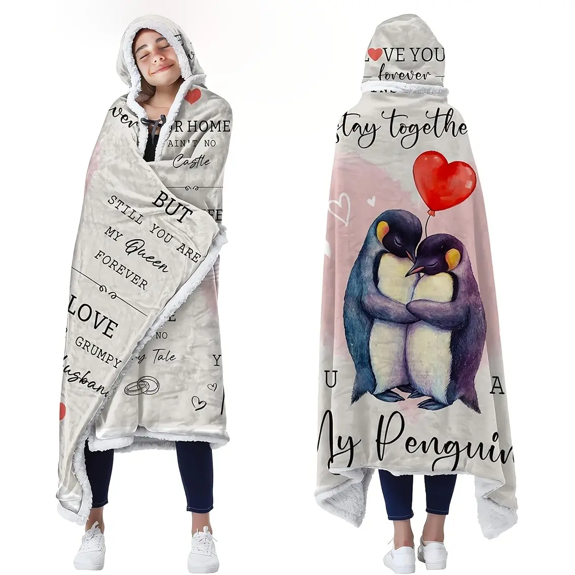 1pc Wearable hooded blanket for an anniversary or wedding, unisex, penguin pattern hoodie, Christmas gift, a gift to express love for your boyfriend/girlfriend, a birthday gift for her/him, a couple's gift, lamb fleece hooded blanket.