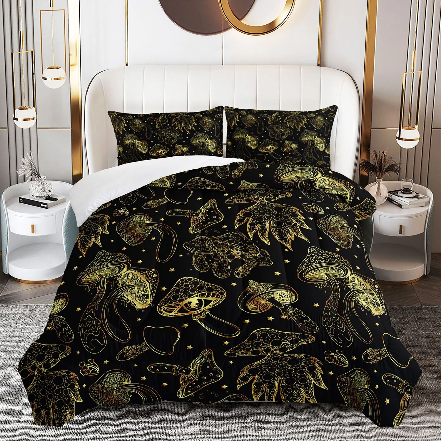 Queen Size Witchy Mushroom Printed 3-Pc Bedroom Bedding Set - Duvet Cover Set, 2 Pillowcases, Warm Luxury Soft Microfibre, All-Seasons Breathable, Easy Machine Wash, Cozy Aesthetic Family Gift, Decorative Duvet Cover