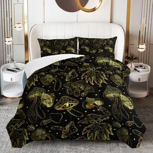 3pcs Mushroom Printed Comforter Set, Witchy Duvet Set for Girls and Adults Bedroom or Guest Room Decor, Luxury Soft All Seasons Comforter Machine Washable Microfiber Quilt with 2 Pillowcases , Gifts for the Family