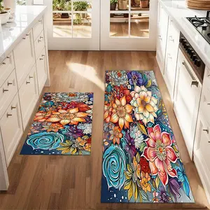 2Pcs abstract floral Floor mat set for farmhouse kitchen Rug restaurant floor laundry room decor carpet mat