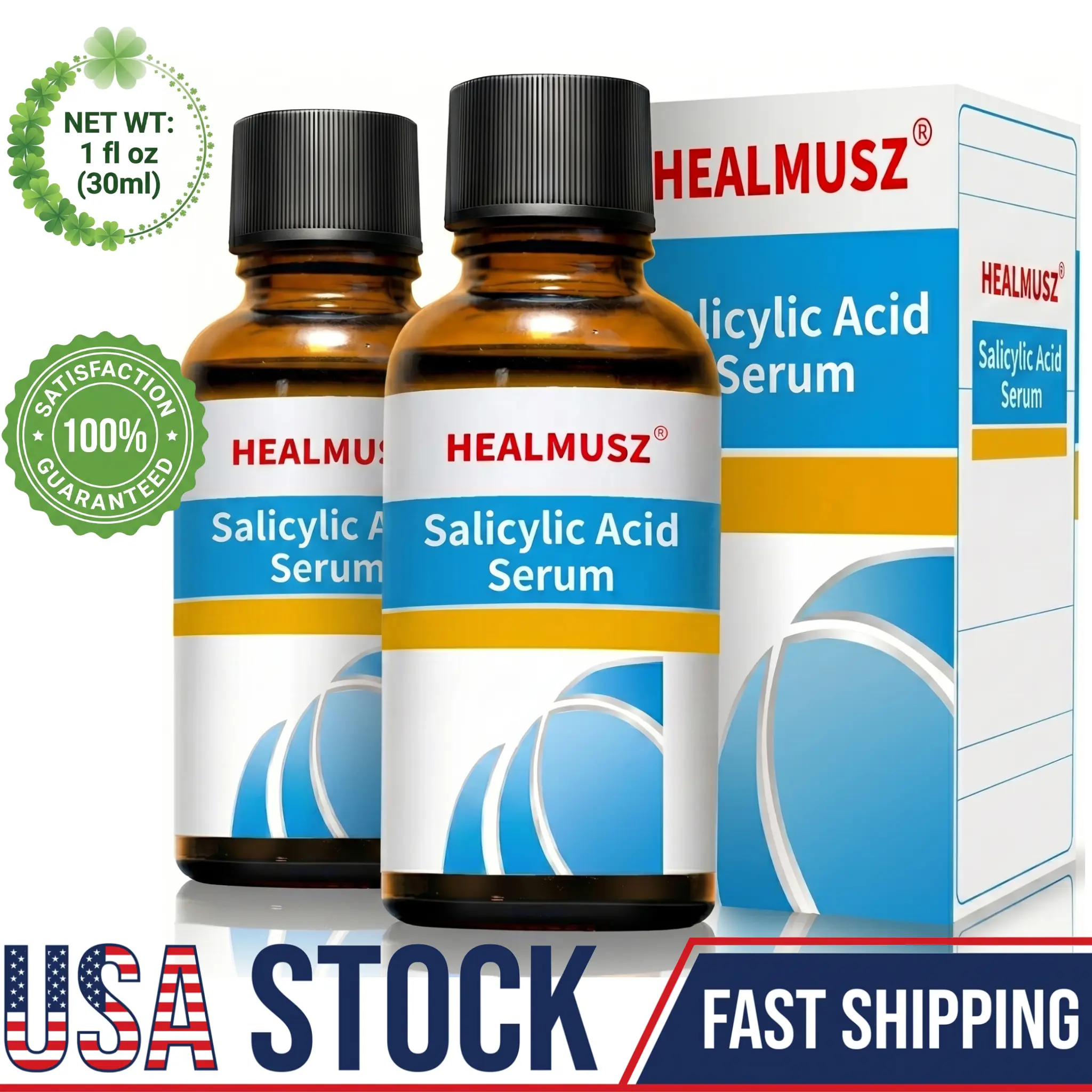 HEALMUSZ Salicylic Acid 5% Solution, Facial & Body Skincare Essence – Hydrating Age Spot Fading Formula, Rapid Absorption, Brightens Skin Tone, Leaves Skin Clear & Radiant, Daily Skincare, Suitable for Sensitive Skin, Skin Repair