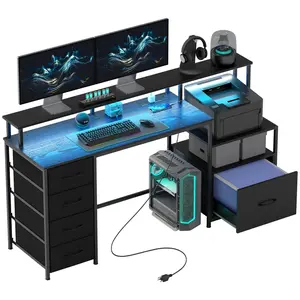 HOMCOM 67" Gaming Desk with File Cabinet and Fabric Drawers, Computer Table with Power Outlets and LED Lights, Monitor Stand and Printer Shelf, for Home Office Desk, Distressed Black