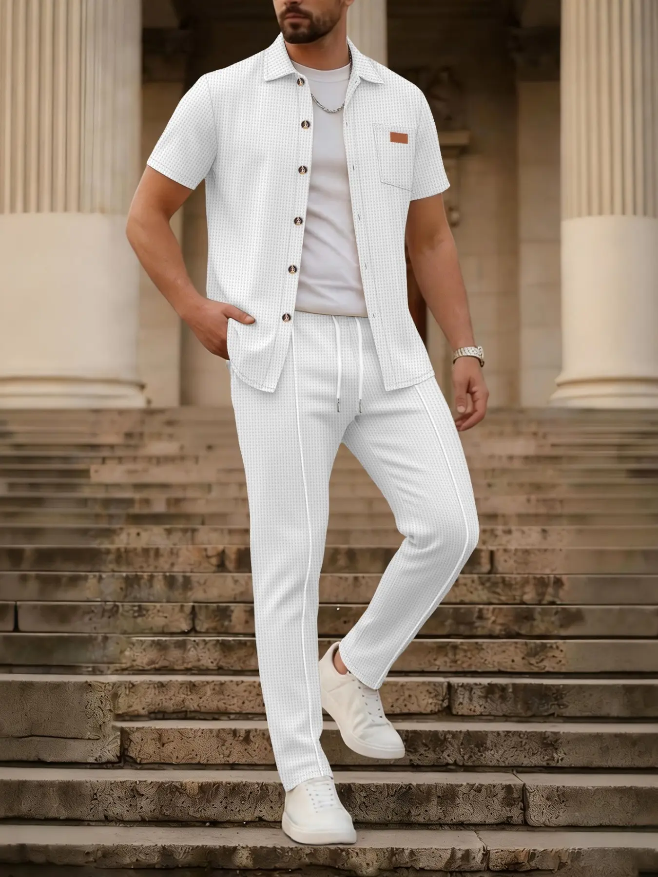 Men's Business Casual Sport Solid Color Short Sleeve Long Pants Collared Shirt Set, Stylish and Comfortable Formal Office Workwear