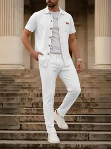 Men's Business Casual Sport Solid Color Short Sleeve Long Pants Collared Shirt Set, Stylish and Comfortable Formal Office Workwear