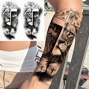 2-piece waterproof forest lion Jesus cross temporary tattoo stickers, Fake tattoos, suitable for men and women's arm and leg tattoos, long-lasting and realistic Halloween body art, creating a unique style