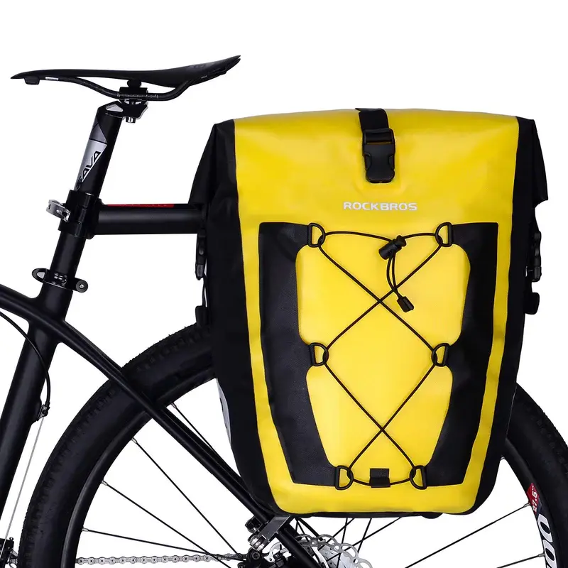 ROCKBROS Roll-Top Bike Pannier Bag, 27L Waterproof 840D Nylon Rear Rack Bag for Adults' Bikes with Interior Mesh Pockets, 13.38" (Long), 8.26" (Short), 7.08" (Wide), 18.11" (High), 360° Rotatable Bracket, Bike Rear Rack Pannier Bag