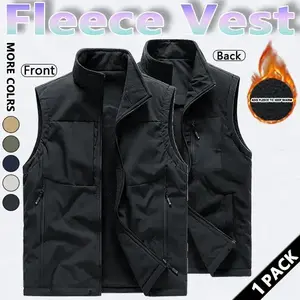 Men's Winter Warm Reversible Vest Lined with Wool Regular Fit Polyester Fiber Zipper Design Easy Machine Washable Casual Style Medium Size Menswear Tops Plain Gilet Wetsuit Tractor Beige Black