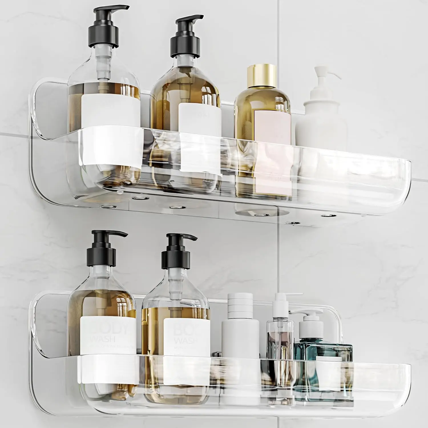 2-Pack Modern Acrylic Bathroom Organizers - No-Drill Wall-Mount Corner Shower Caddy Racks with Shelves, Home Improvement Small Spaces Accessory That Keeps Bathroom Tidy