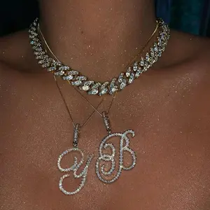 Ice out Cursive Initial Letter Name Pendant Necklace For Women Simple Rope Chain Letter Necklace Fashion Jewelry Gift