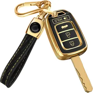 TPU Key Fob Cover for Honda Civic, Accord, CR-V (SE, LX), HR-V (2014-2022) with Leather Keychain-Black and Gold, Compatible with MLBHLIK6-1T