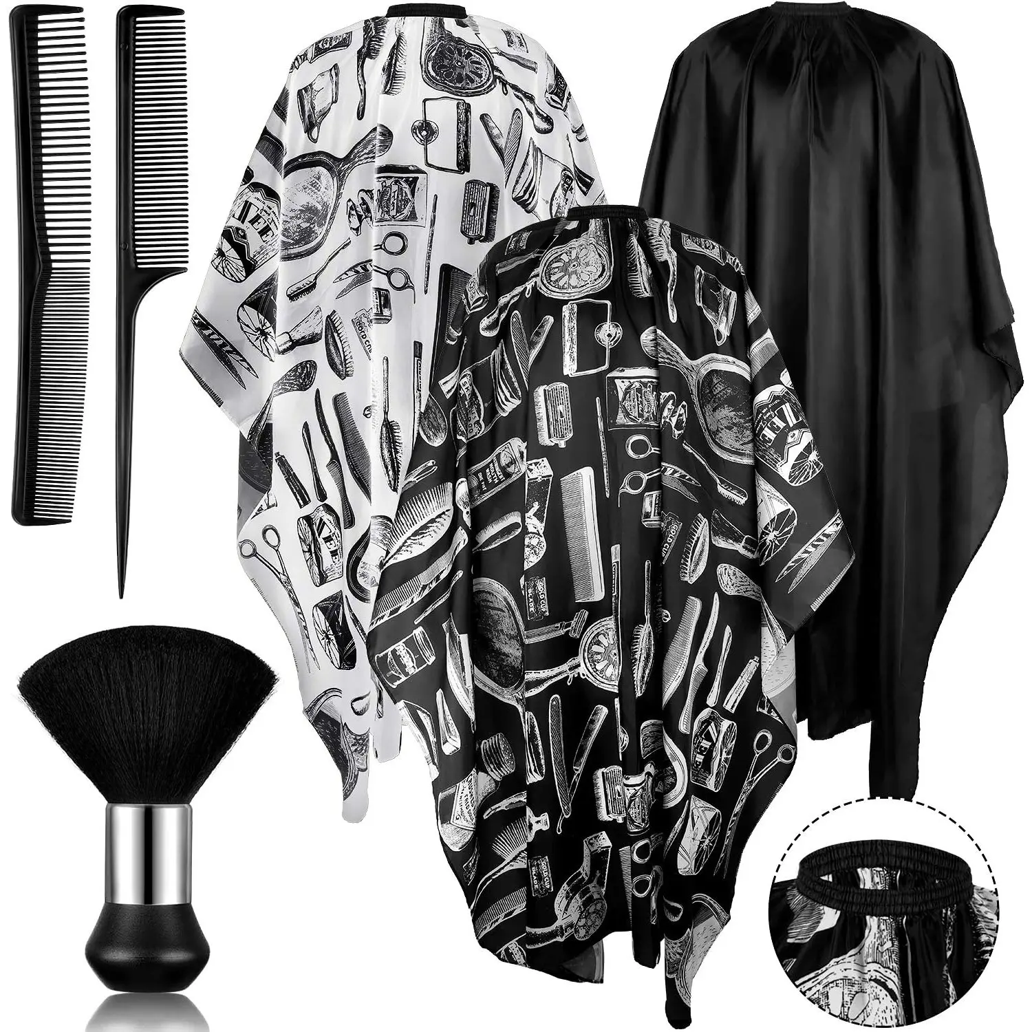 Professional Salon Barber Cape Kit (3/5/6-Piece Sets) - Durable, Lightweight, Waterproof, Adjustable Snap Closure, W/ Neck Duster, Comb Brush, Haircare Tool for Stylists, Home & Festive Party Supplies