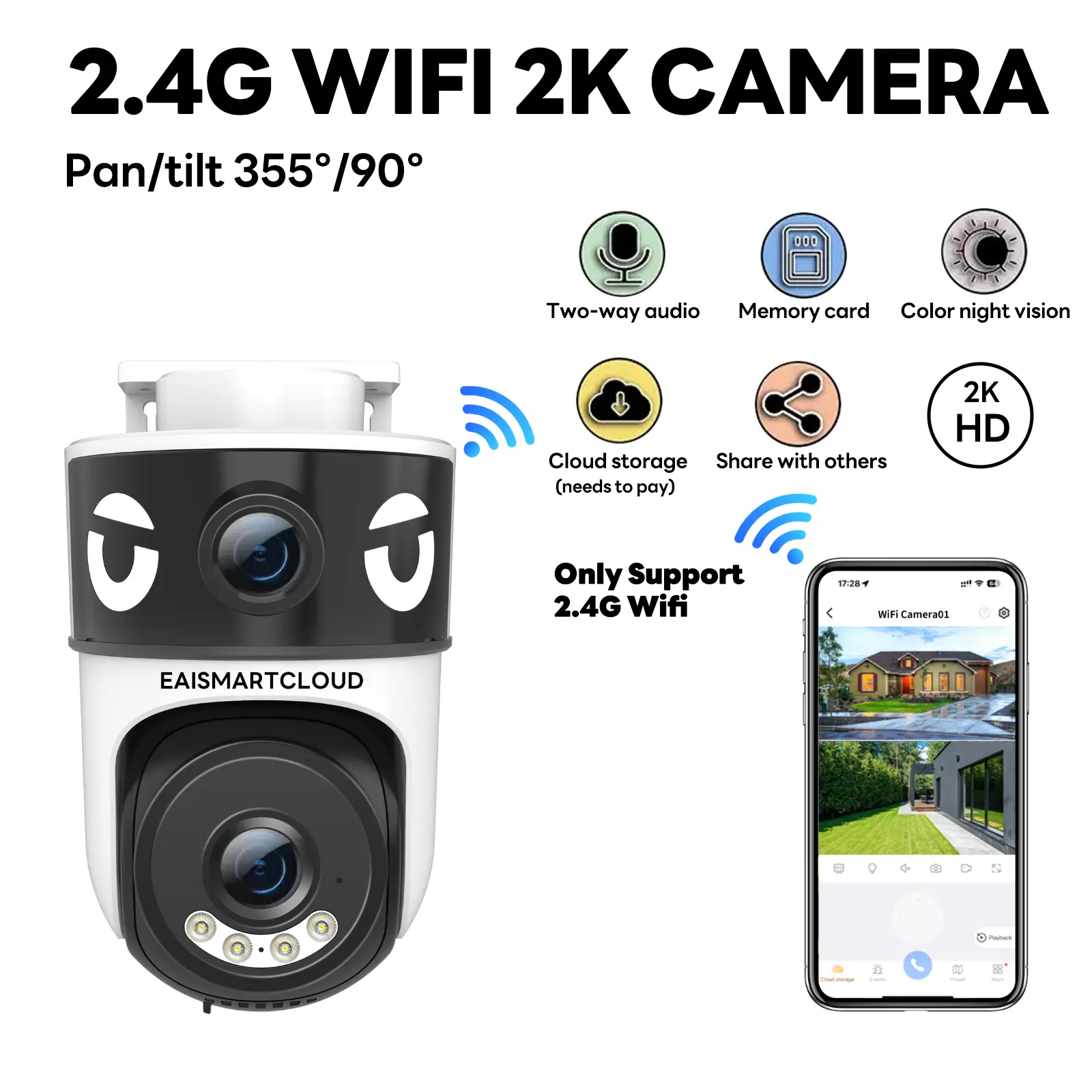 YINGWEICAM 2K WIFI Solar Security Camera, Continuous Power Supply, Night Vision, Motion Detection, Remote Monitoring for Farm/Garage/Home