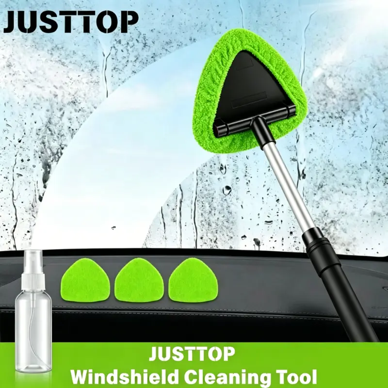 JUSTTOP Windshield Cleaner Tool, Car Interior&Exterior Window Cleaning Tool with Extendable Handle & 4 Reusable Microfiber Pads, Auto Glass Wiper Brush Kit for Cars