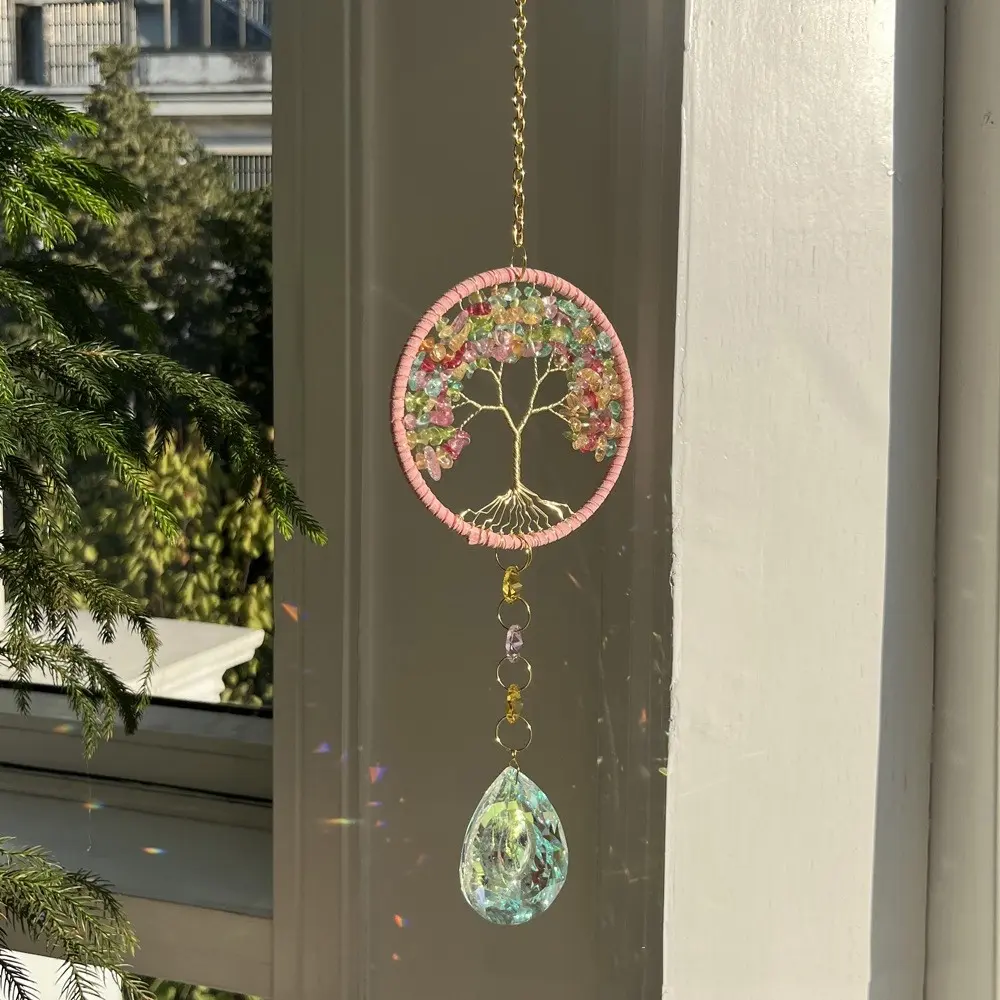 Bohemian Life Tree Dreamcatcher, Colorful Agate Crystal Beads, Handmade Hanging Wall Decor, Home Bedroom Gift, Sun Catcher, Ornaments