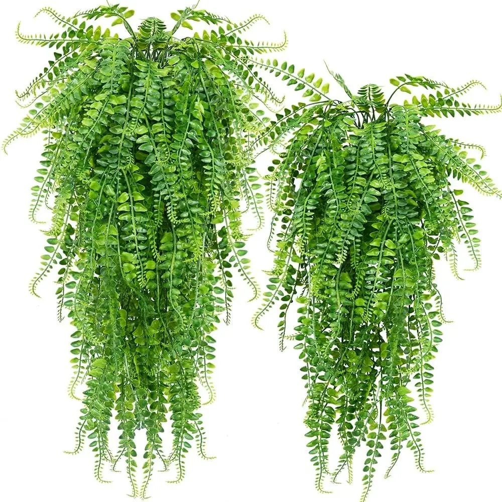 Artificial Hanging Plants 2 Pack Fake Ferns Boston Ivy Vines UV Resistant Plastic Decorative Outdoor Wall Decor, Durable Artificial Greenery for Home & Garden, Faux Hanging Plant