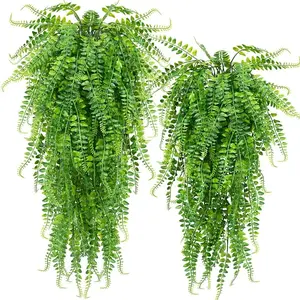 Artificial Hanging Plants 2 Pack Fake Ferns Boston Ivy UV Resistant Plastic Outdoor Decor, Durable Artificial Greenery for Home & Garden