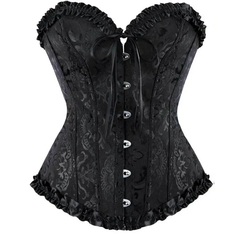 Women's Floral Jacquard Overbust Corset Top, Boned Bustier with Adjustable Lace-Up Back, Ruffle Trim & Front Busk Closure, Gothic Costume Party Top Womenswear Clothes Basic Black