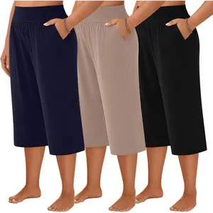 3 Pack Women's Plus Size Capri Pants, Wide Legs Elastic Waist Capris with Pockets Lounge Loose Sweatpants
