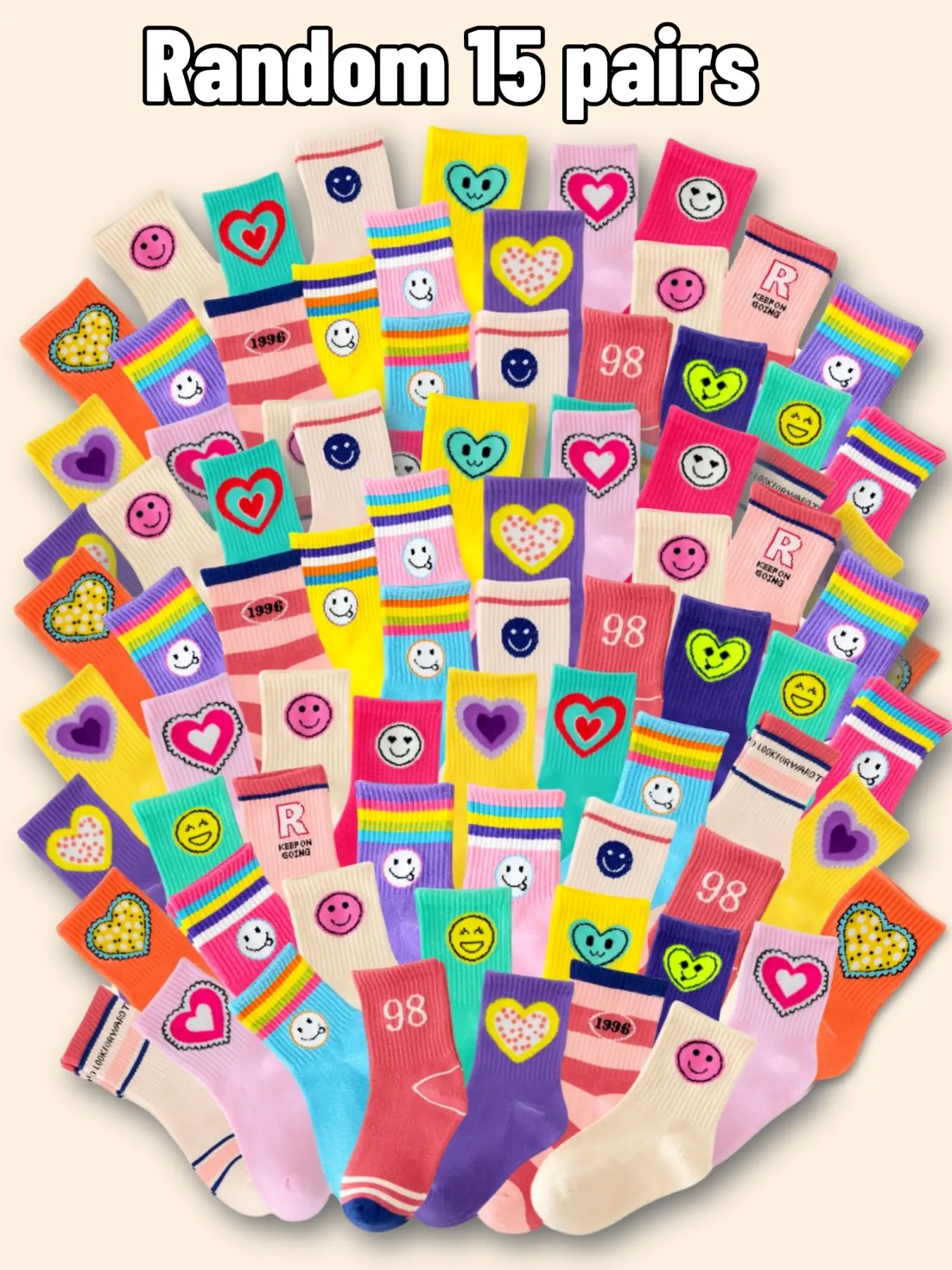 Random 15 Pairs Girls Sports Socks, Heart Colorful Stripes Cartoon Design, Soft Breathable Knitted Socks, Kids School Socks For Spring Summer Fall Winter, Rainbow Socks