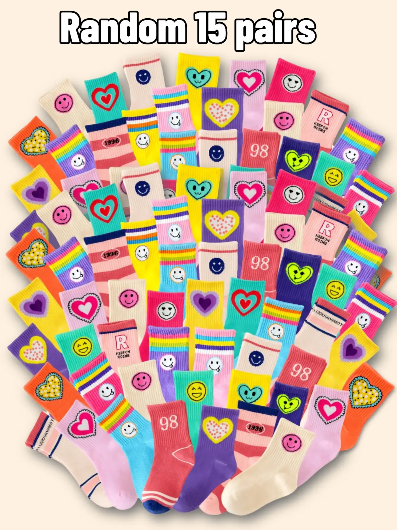 Random 15 Pairs Girls Sports Socks, Heart Colorful Stripes Cartoon Design, Soft Comfortable Kids School Socks for Spring Summer Fall Winter