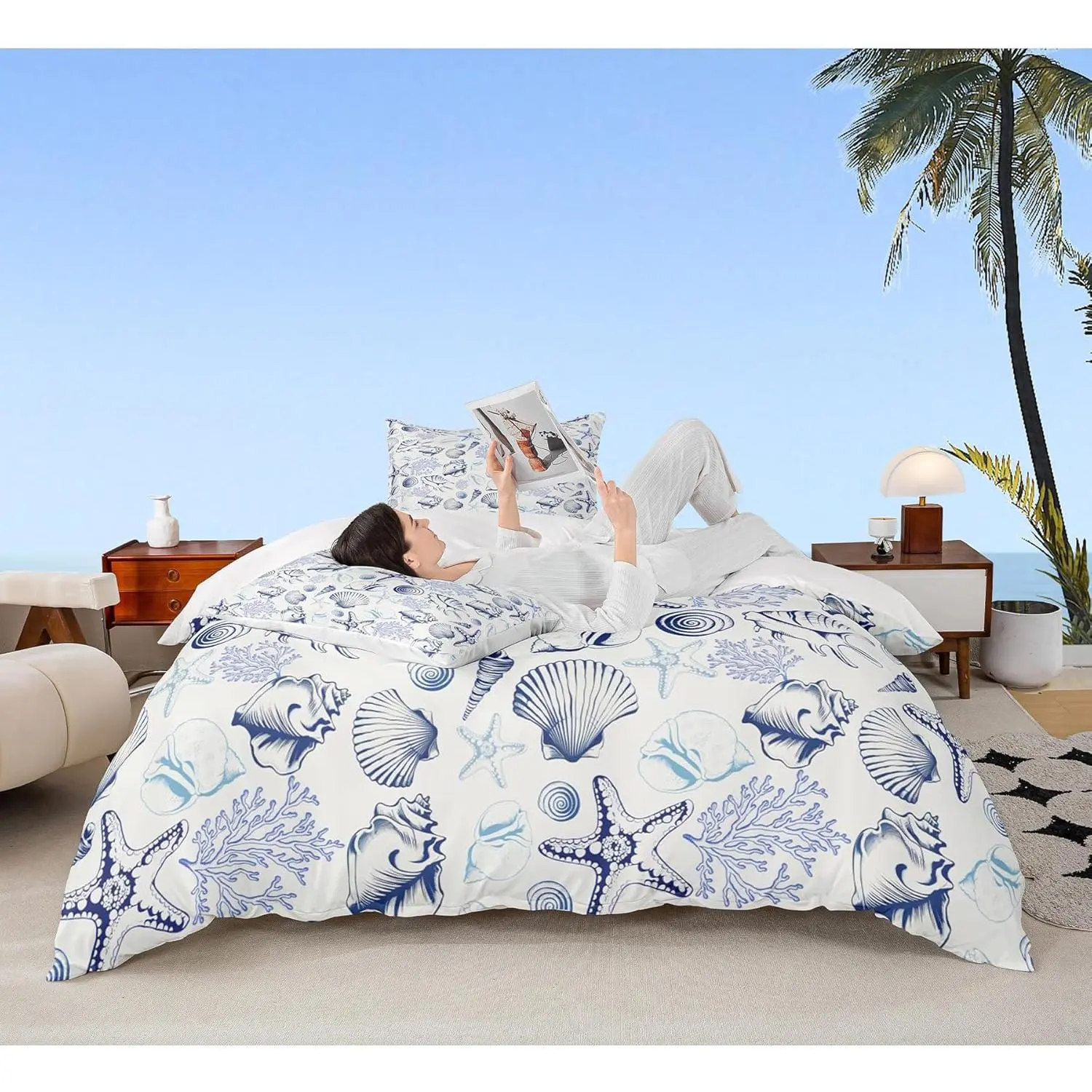 Coastal Duvet Cover Set,Beach Seashell Starfish Coral Bedding Set Sea Ocean Theme Comforter Cover for Kids Teens Adult Bedroom Decor,Navy Sketch Nautical Quilt Cover